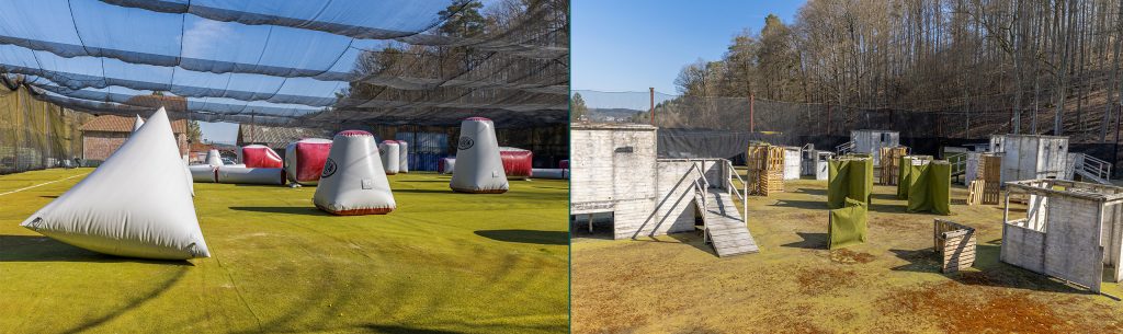 Die Collage zeigt ein Paintball Turnierfeld und ein Paintball Actionfeld mit Häusern